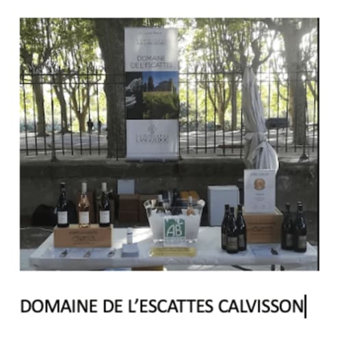 Domaine de l'Escattes Calvisson wine tasting display with bottles and promotional banner at Boissieres venue