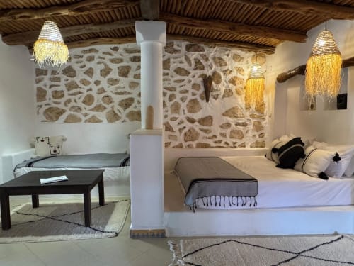 Former kitchen of traditional Moroccan construction at Riad Eucalyptus, converted into a family room