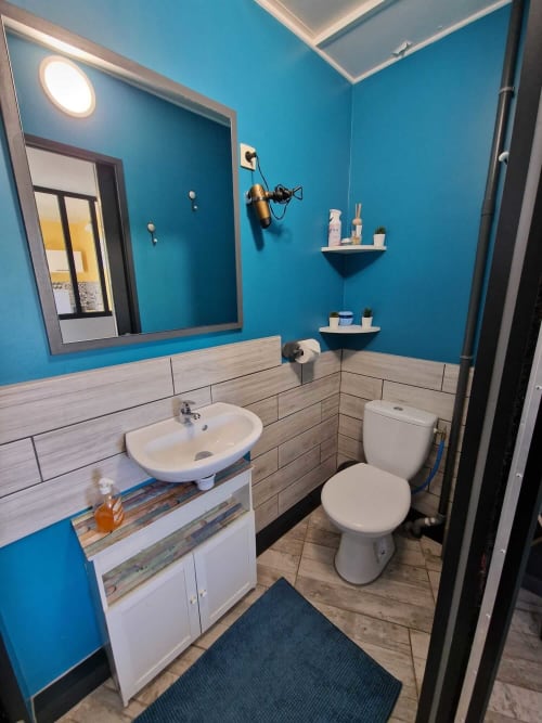 Salle d’eau du studio Le Jardin, gîte Lamotte-Beuvron en Sologne, avec toilettes, lavabo, miroir et sèche-cheveux pour le confort des voyageurs.