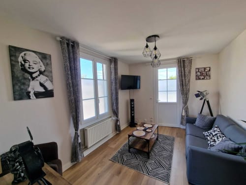 Salon du gîte Harmonie à Lamotte-Beuvron en Sologne, avec canapé moderne, télévision, décoration cinéma et grande luminosité, parfait pour se détendre en famille.