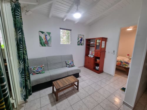 Bright living room with gray sofa, tropical bird artwork, red cabinet, and wooden table at Gites Kaladja apartment in