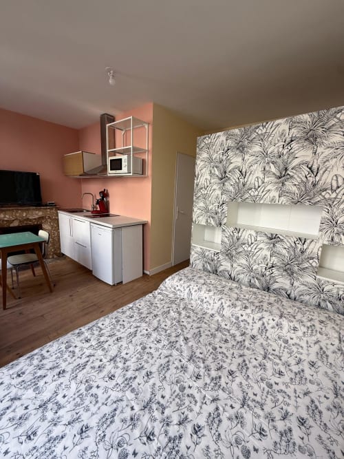 Gemütliches renoviertes Studio in Lourdes mit Kochnische, Bett mit floralem Bettwäsche, rosa Wänden und modernen Annehmlichkeiten