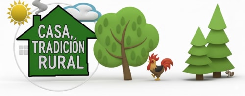 Logotipo de casa rústica Tradición Rural con hogar verde, árbol, gallo y abetos en Nieva, España
