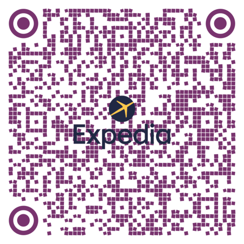 Logo Expedia avec motif mosaïque violet et icône d'avion pour le Domaine de l'Ocrerie, à Pourrain, France