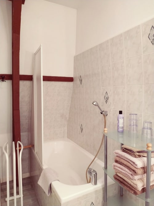 Salle de bains moderne au Château de Bellevue avec baignoire blanche, finitions bordeaux, murs carrelés, douche et rangements