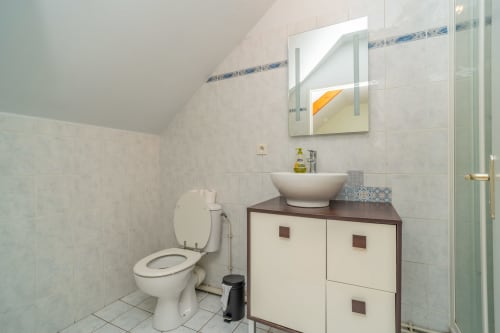 Salle de bain moderne aux Vacances en Touraine avec lavabo blanc, meuble de rangement en bois, toilettes et douche à l'italienne vitrée