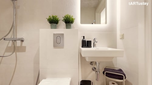 Modern bathroom with walk-in shower in Ralf Sannikov's Tartu studio. Central location near Town Hall Square, RIMI grocery & MyFitness next door