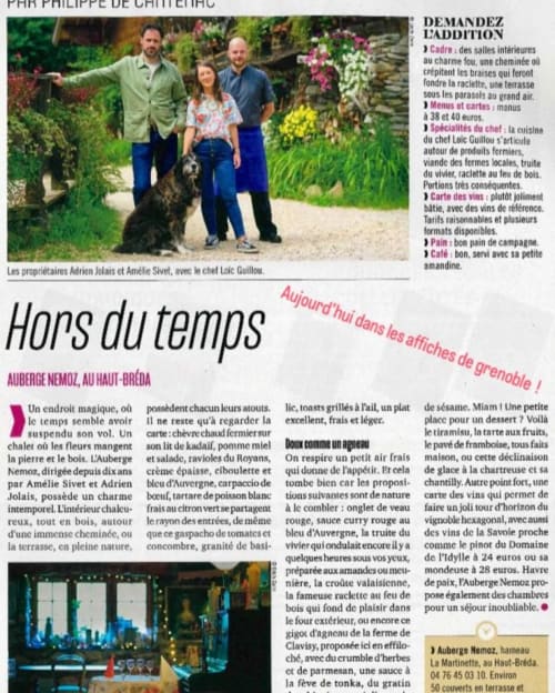Auberge Nemoz owners Adrien Jolais and Amélie Sivet with chef Loïc Guillou in garden at Le Haut-Bréda