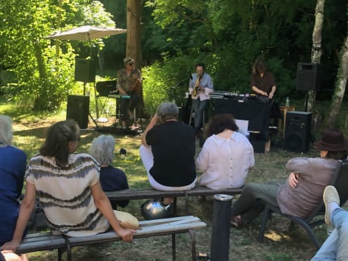 Concert de jazz en plein air au Domaine de l'Ocrerie à Pourrain, France, avec public assis sous les arbres