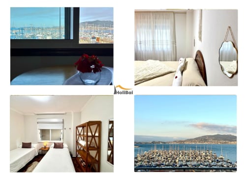 Apartamento Holibai en Baiona con vistas al mar, dormitorio, baño y vistas a la marina desde la terraza