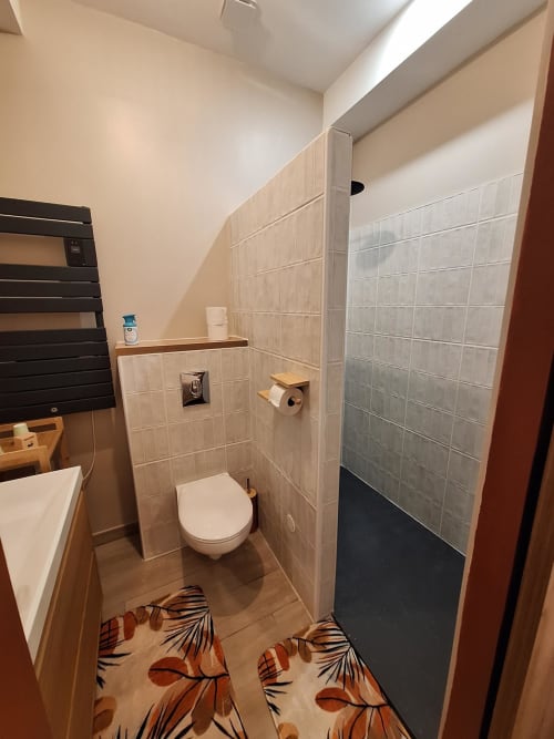Salle de bain moderne du gîte La Cour d'Hortense avec douche carrelée, toilettes et tapis décoratif