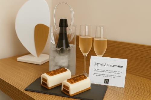 Elegant anniversary celebration setup at Hotel Residence Europe & Spa with champagne, pastries, and 'Joyeux Anniversaire'