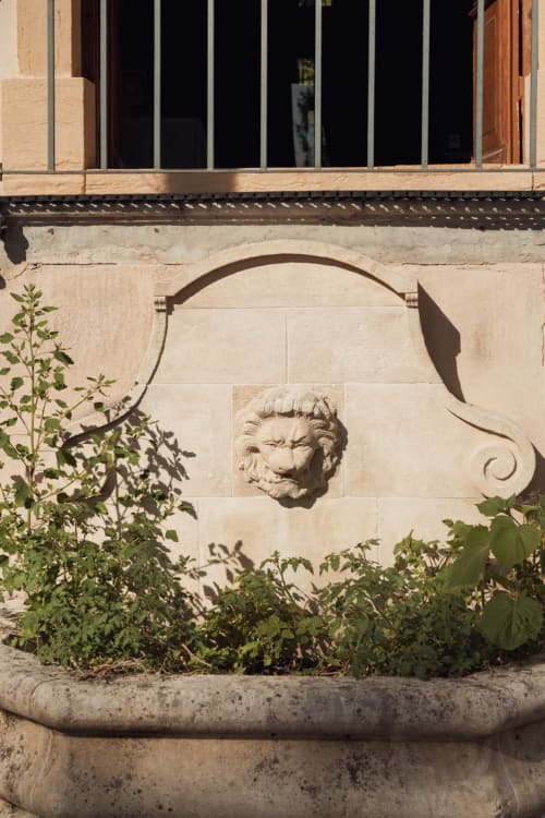 Détail architectural en pierre avec tête de lion sculptée à La Maison Verneuil, auberge de Paray-le-Monial, France