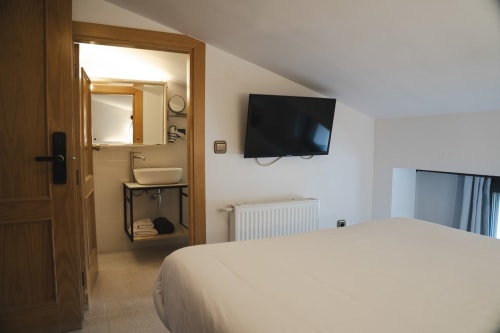 Habitación moderna en Hostal El Ciervo de Villaciervos con TV, baño privado y vistas a las montañas