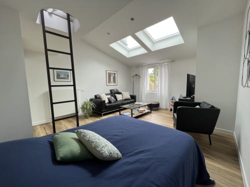 Studio moderne aux Gîtes De L'odet avec lit bleu, canapé noir, velux, parquet et vue jardin