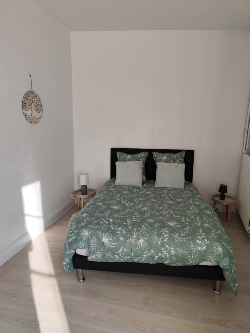 Chambre moderne de l'appartement Accolade à Châteaudun avec literie botanique verte, tête de lit noire et lumière naturelle