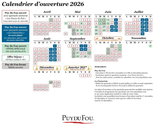 hôtel, puy du fou, gite, chambre d'hôtes, hébergement, les herbiers, calendrier ouverture 2026 puy du fou