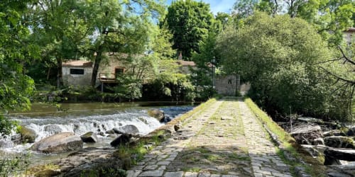 Un sentier de pierre mène au Moulin du Guy, une pittoresque propriété meunier française avec cascade à Chanverrie