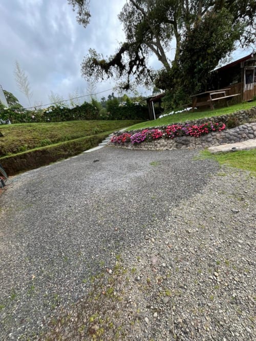 Gravel driveway at Chalets Vistas del Poas in Heredia with pink flowers and wooden cabin