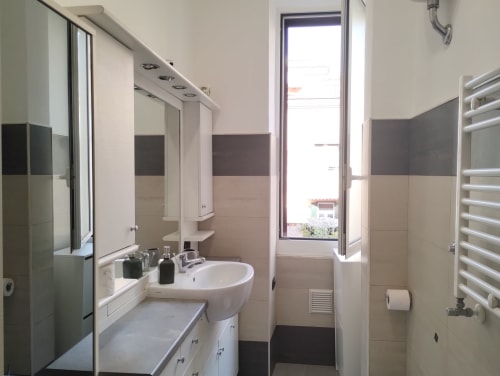 Bagno moderno dell'appartamento La Casetta di Nonna Ro a Campagnano di Roma, con lavabo su colonna, doccia e scaldasalviette