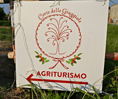 Insegna dell'agriturismo Corte delle Giuggiole con logo di albero rosso a Cologna Veneta, Italia