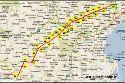 Mappa del nord-est dell'Italia che mostra la posizione di Cologna Veneta VR con percorso rosso e marcatori gialli nella regione del Veneto