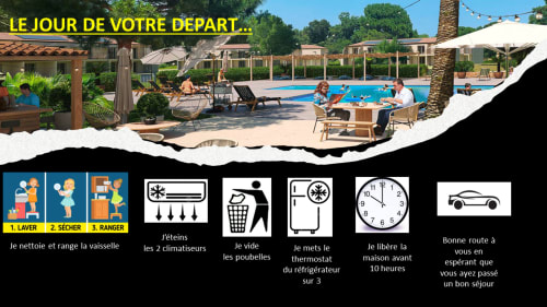 Alma Rossa hotel departure checklist: pool area, amenities icons, cleaning and thermostat instructions for guests in Lecci