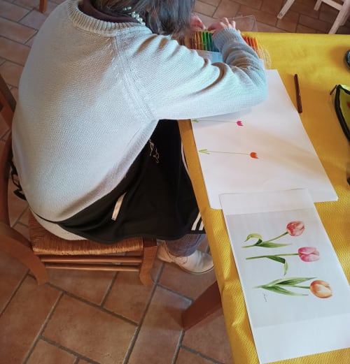 Un ospite dipinge tulipani ad acquerello presso la Corte delle Giuggiole B&B a Cologna Veneta