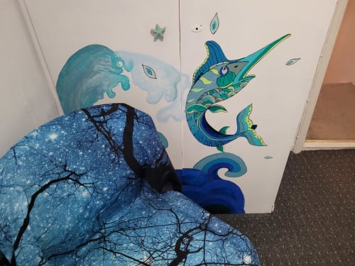Underwater-themed wall mural with starfish and tropical fish in Jane's B&B villa in Guisborough