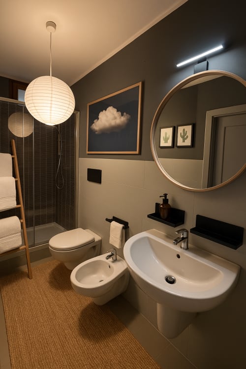 Bagno moderno al Cognaia Loft di Arezzo con doppio lavabo, toilette, bidet, doccia walk-in e specchio rotondo