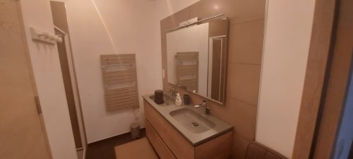 Modern bathroom at Corse et Zen hotel in Taglio Isolaccio with vanity sink, heated towel rack, and mirror lighting