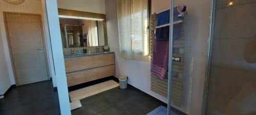 Modern bathroom at Corse et Zen with double vanity, mirror, shower enclosure and dark flooring