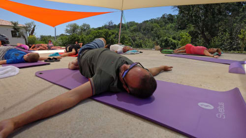 Group yoga class on purple mats under orange shade at Corse et Zen wellness retreat in Corsica