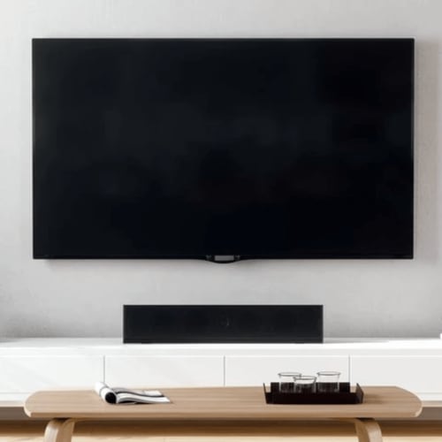 Téléviseur écran plat mural avec barre sonore au-dessus d'une console en bois à l'hôtel Corse et Zen à Taglio Isolaccio