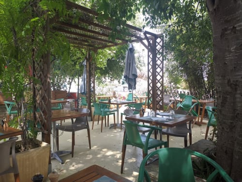 Lush outdoor dining area at Corse et Zen with green chairs, wooden tables, and ivy-covered pergolas in Taglio Isolaccio