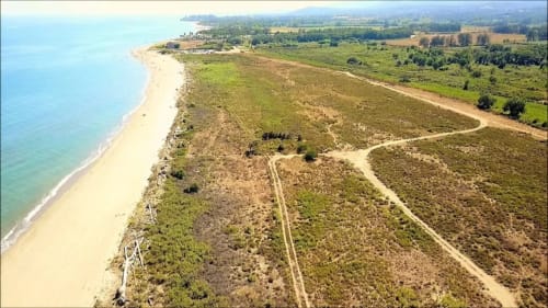 Aerial view of Corse et Zen's beachfront property in Taglio Isolaccio with pristine sand beach and Mediterranean coastline