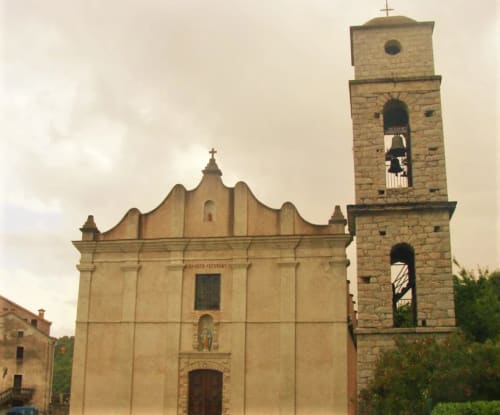Historic stone church with bell tower in Taglio Isolaccio, Corsica, near Corse et Zen hotel