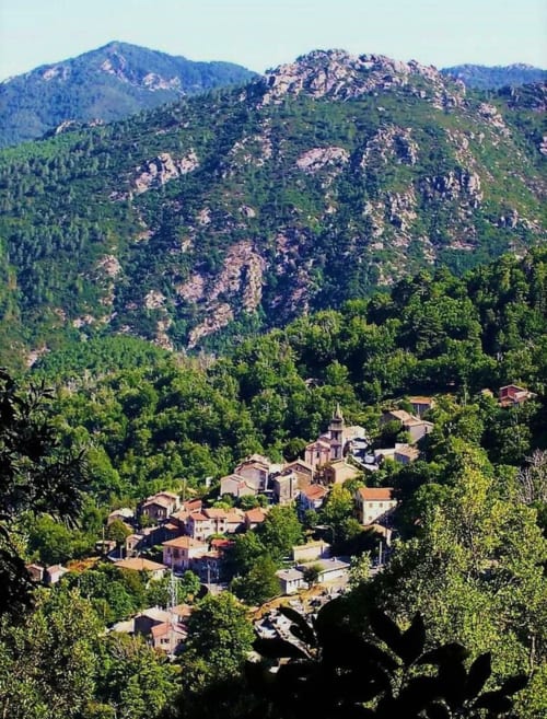 Aerial view of Taglio Isolaccio village nestled in forested mountains with stone buildings and church, Corse et Zen hotel