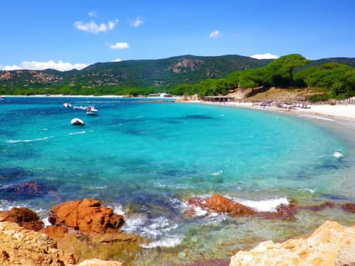 Plage méditerranéenne turquoise avec criques rocheuses, rivage sablonneux et colline verdoyante près de Corse et Zen, Corse