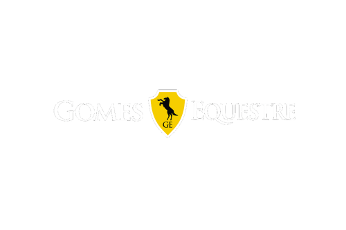 Logótipo Gomes Equestre com escudo amarelo e silhueta de cavalo, alojamento equestre em Golegã