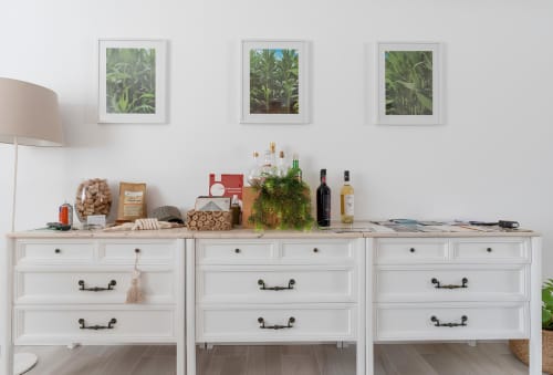 Cômoda branca com plantas, garrafas de vinho e arte no quarto da Galagana Charm House, Golegã Portugal