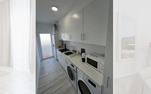 Moderna lavanderia da Galagana Charm House em Golegã com máquina de lavar, secadora, micro-ondas e pia