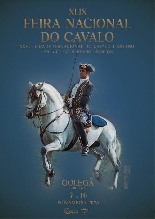 XLIX Feira Nacional do Cavalo poster featuring horseman in traditional Portuguese attire, Golegã November 2025