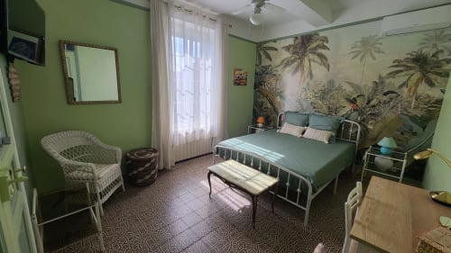 Chambre Carcassonne au N°9 B&B d'Argeliers : murs verts, fresque tropicale, lit en métal, fauteuil rotin, jardin
