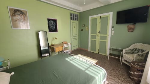 Chambre Carcassonne au N°9 B&B à Argeliers : murs verts, lit, miroir, bureau, fauteuil rotin, TV et vue sur jardin