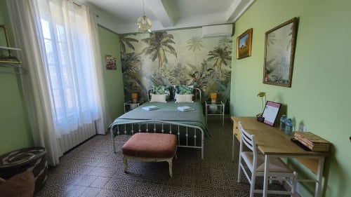 Chambre Carcassonne au N°9 B&B à Argeliers avec peinture botanique, murs verts et vue sur le jardin