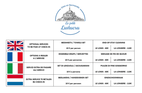Le Petit Lustucru optional services pricing table: bedsheets, cleaning, and extra amenities for La Longère room