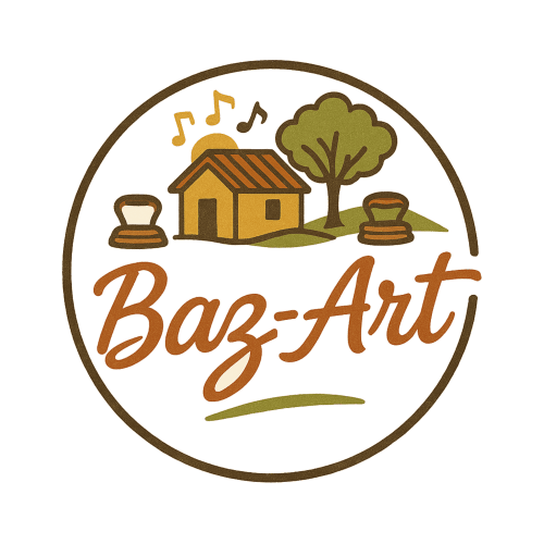Logo du Baz-Art Eco Guest House : maison jaune, arbre et notes de musique à Rodrigues