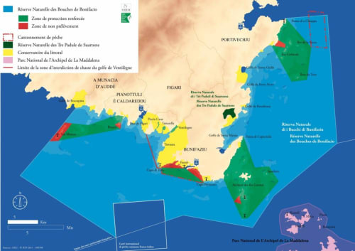 Carte des aires marines protégées de Corse près de Monacia d'Aullène, montrant réserves et zones de conservation