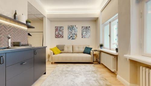 Modern studio apartment in Tartu city center featuring original artworks by Ralf Sannikov. Fully equipped kitchen, comfortable sofa bed, steps from Town Hall Square, RIMI supermarket & MyFitness gym next door